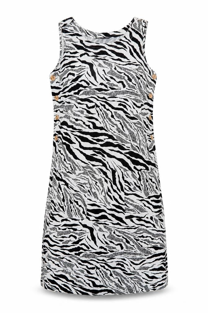 Marks and Spencer Womens White Animal Print Linen Shift Size 6 Round Neck Button