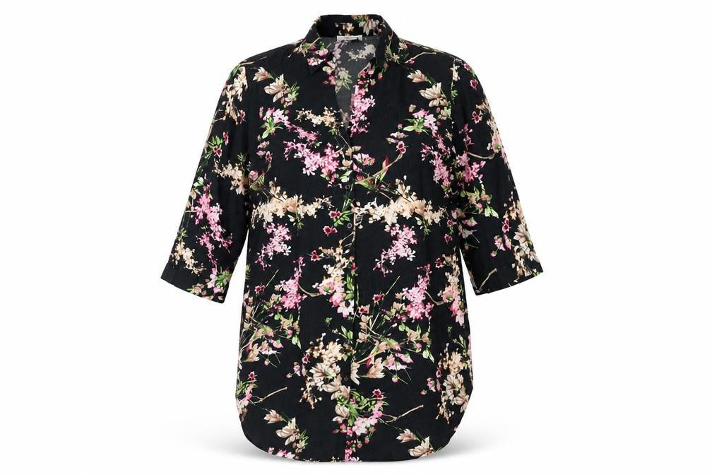 HEINE Womens Black Floral Polyester Basic Button-Up Size 14 Collared