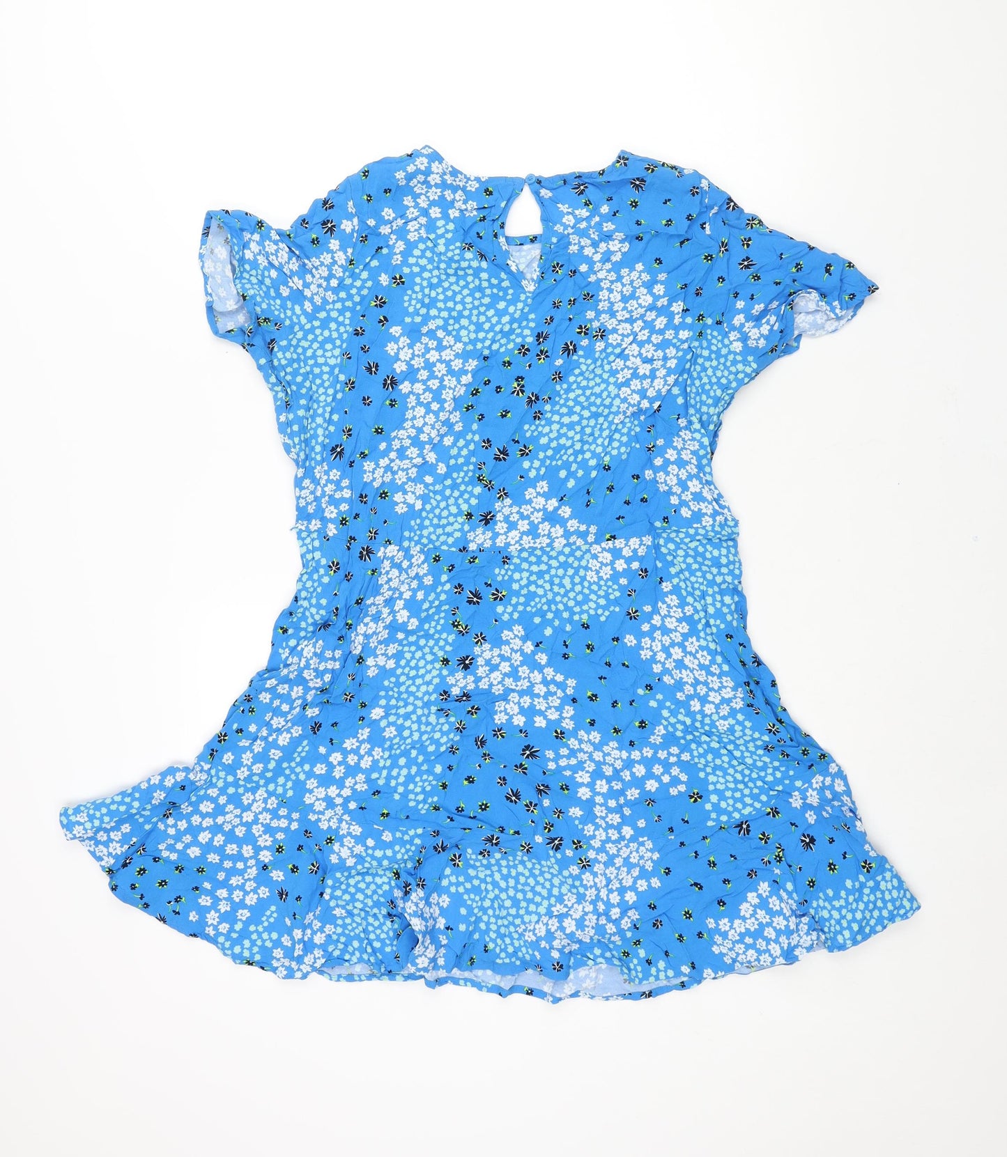 Marks and Spencer Womens Blue Floral Viscose A-Line Size 14 Round Neck Button