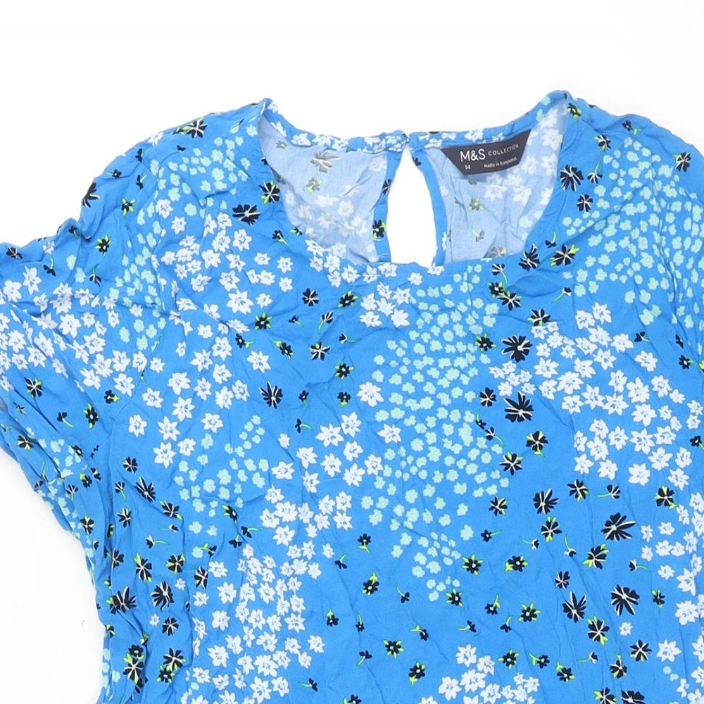 Marks and Spencer Womens Blue Floral Viscose A-Line Size 14 Round Neck Button