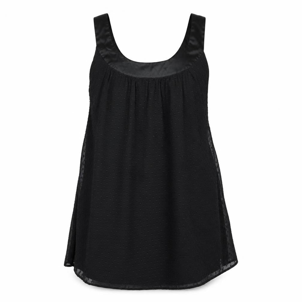 Front view of Miss Selfridge women’s black polyester shift, size UK 12, scoop neck pullover - belted pockets
