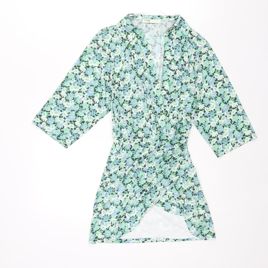 Pull&Bear Womens Green Floral Polyester Basic Blouse Size XS V-Neck - Wrap Style