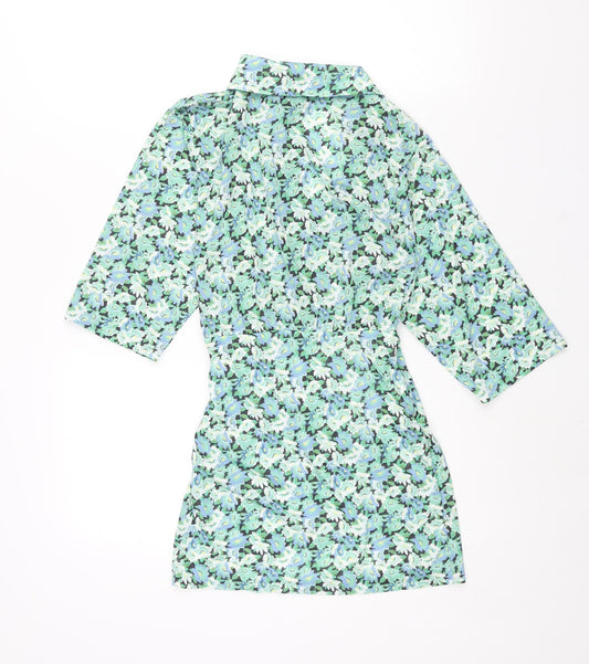 Pull&Bear Womens Green Floral Polyester Basic Blouse Size XS V-Neck - Wrap Style
