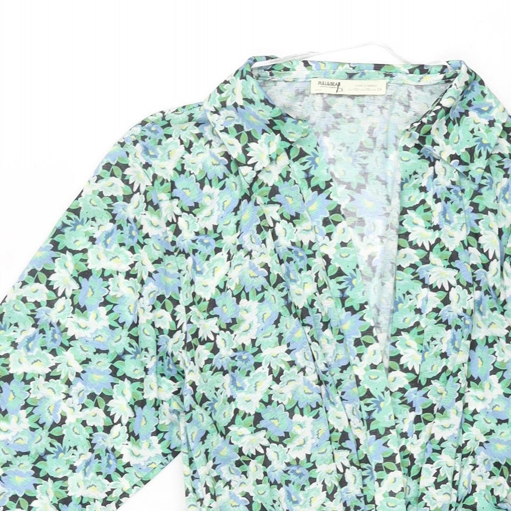 Pull&Bear Womens Green Floral Polyester Basic Blouse Size XS V-Neck - Wrap Style