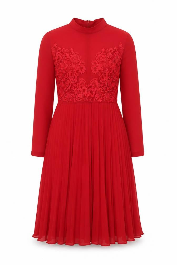 Front view of ASOS women’s red polyester shift, size UK 10, mock neck zip - pleated lace detail