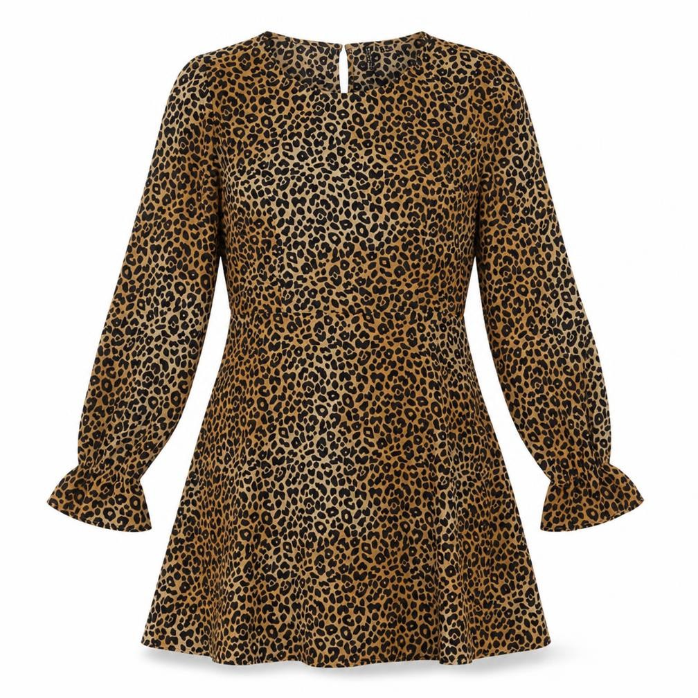 Front view of h7M women’s brown animal print polyester a-line, size UK 10, crew neck zip