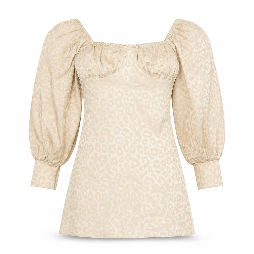 Front view of Miss Selfridge women’s gold animal print polyester a-line, size UK 10, square neck button