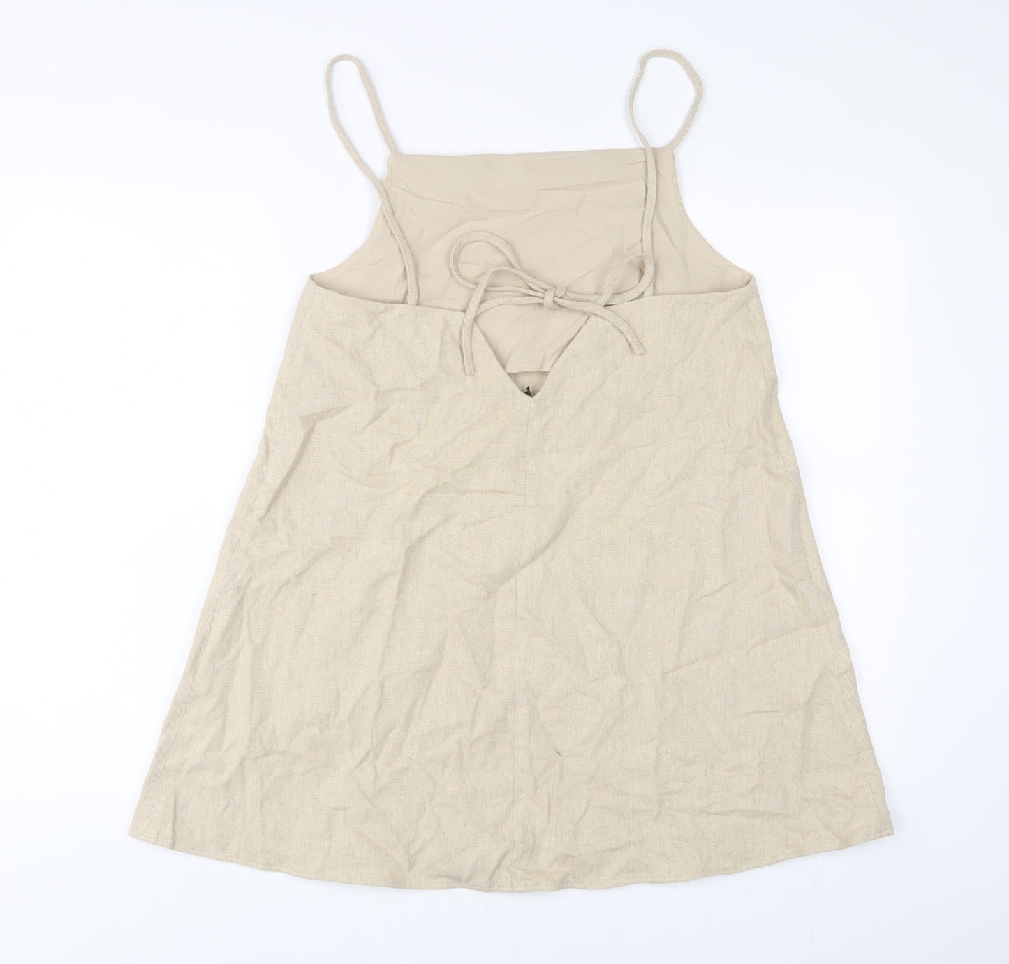 Zara Womens Beige Linen A-Line Size S Square Neck Pullover - Beaded