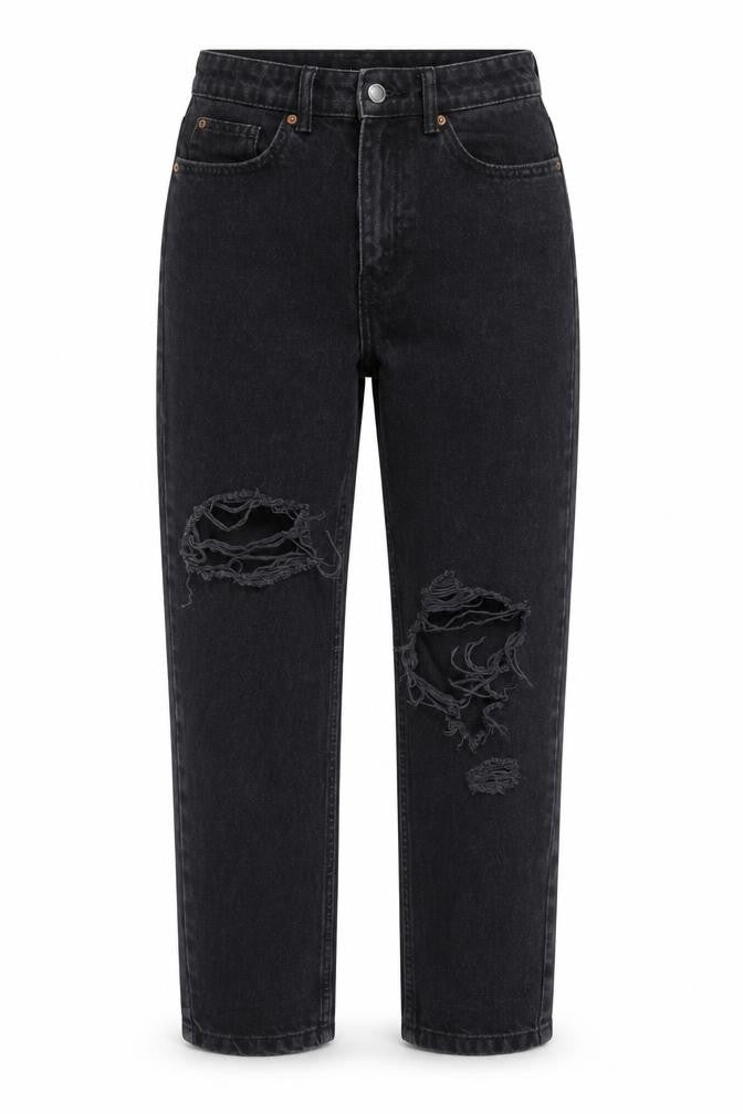 Front view of Denim & Co. women’s black cotton straight jeans, size UK 4, 28-inch leg regular zip