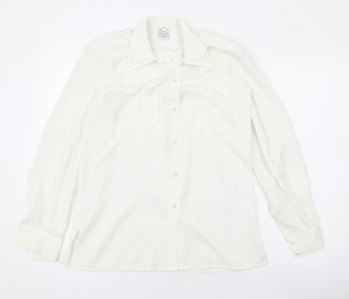 Country Casuals Womens Ivory Polyester Basic Button-Up Size S Collared