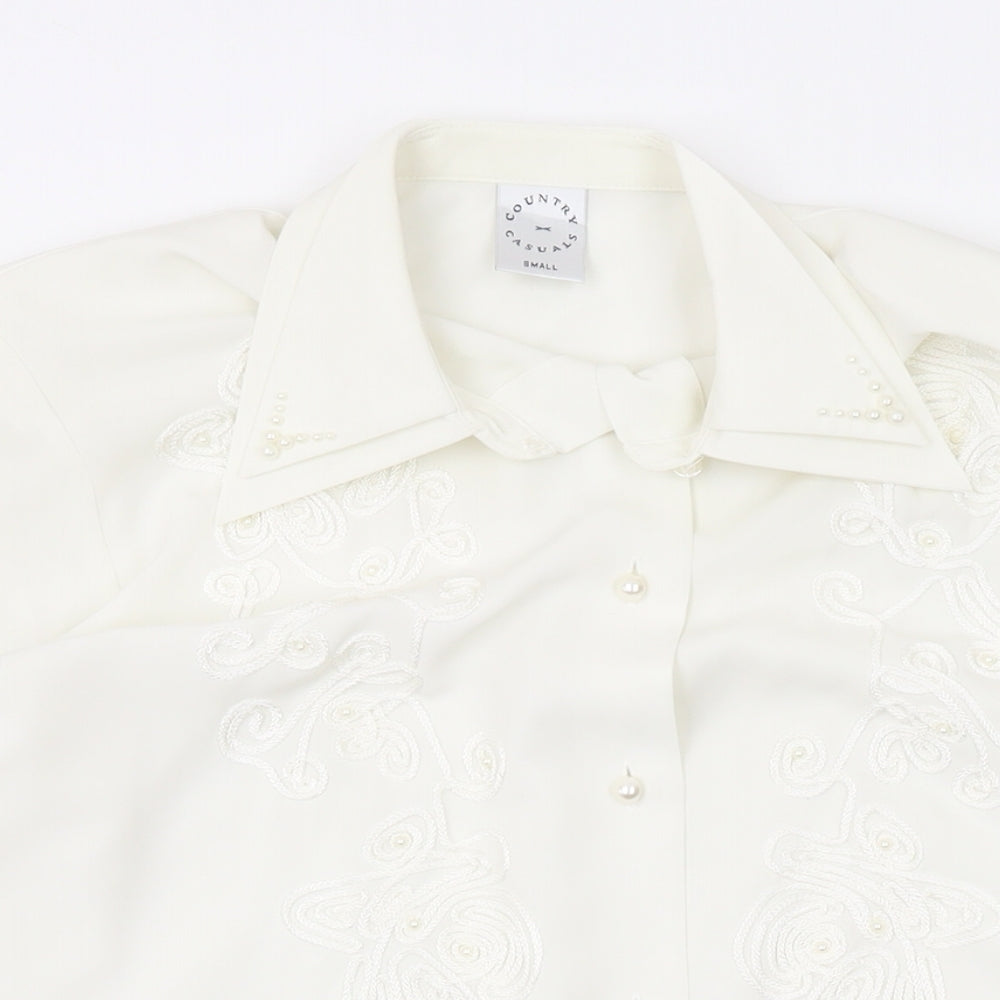 Country Casuals Womens Ivory Polyester Basic Button-Up Size S Collared