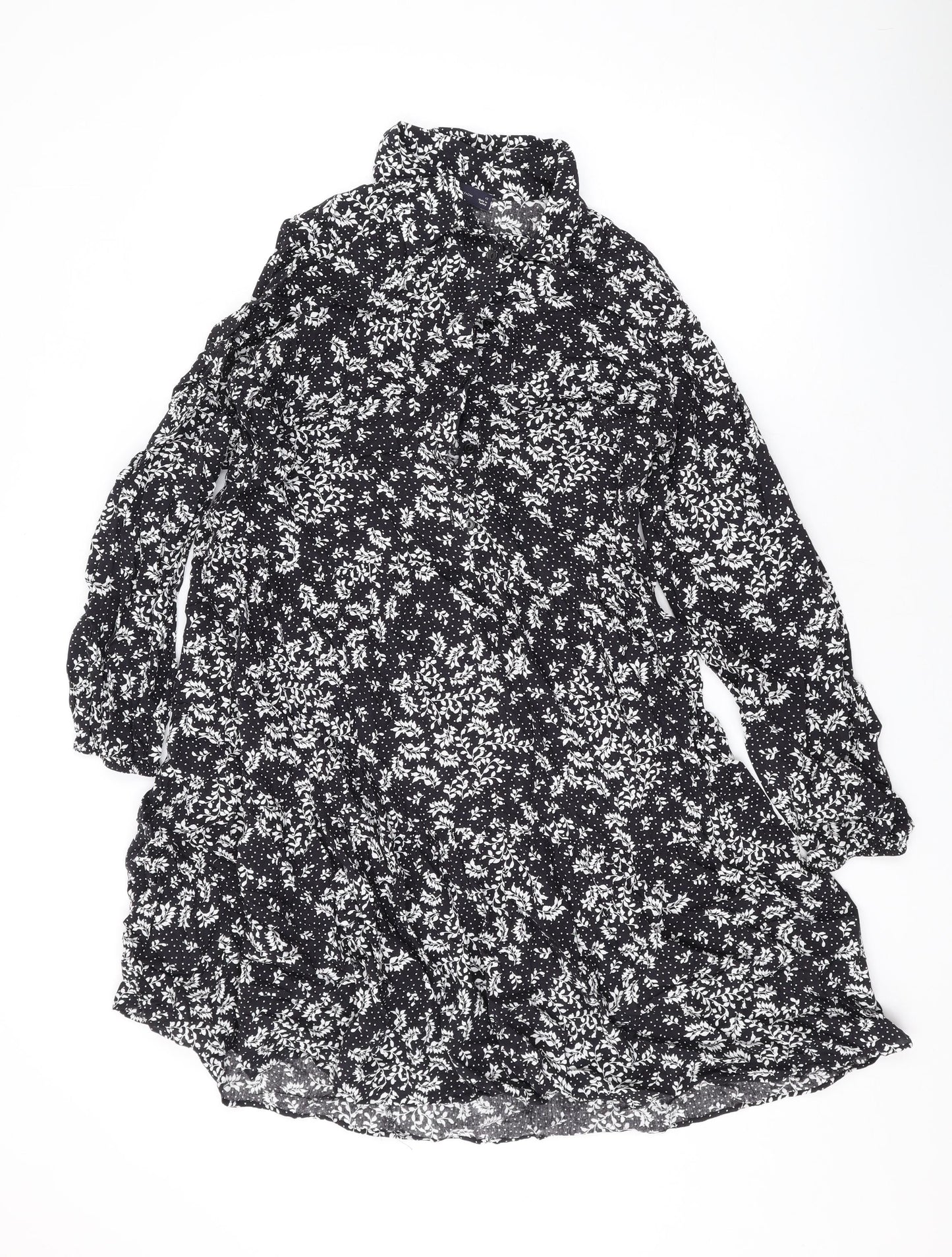 Marks and Spencer Womens Black Floral Viscose A-Line Size 12 Collared Button