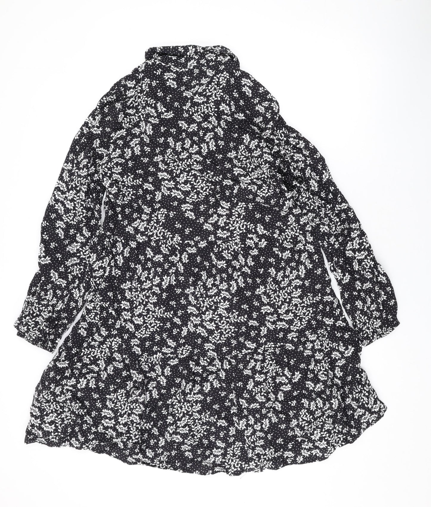 Marks and Spencer Womens Black Floral Viscose A-Line Size 12 Collared Button