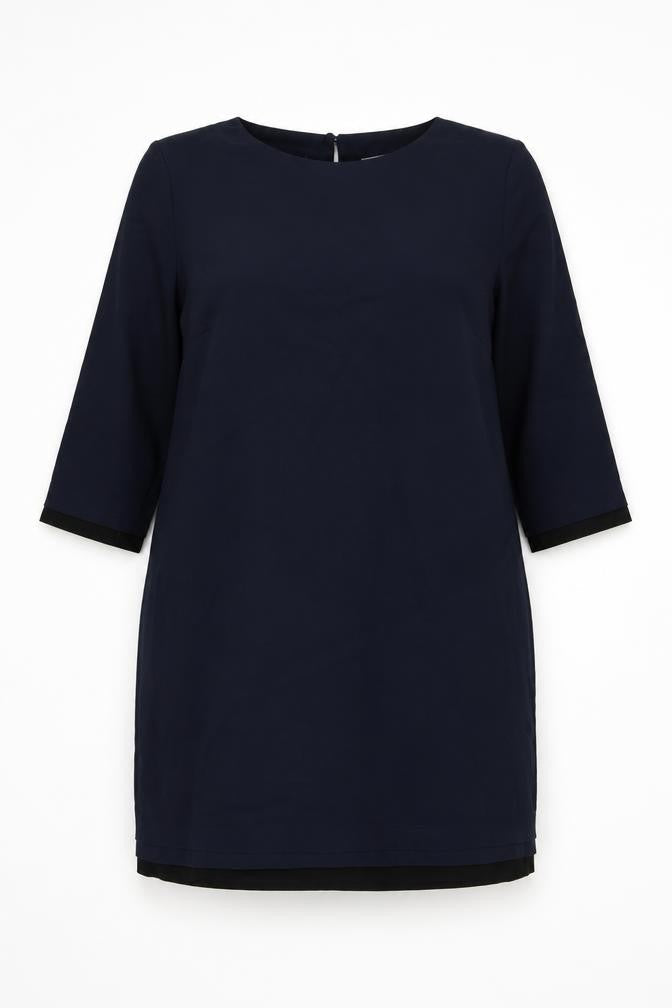 Front view of Betty Jackson Black women’s blue polyester shift, size UK 18, round neck button