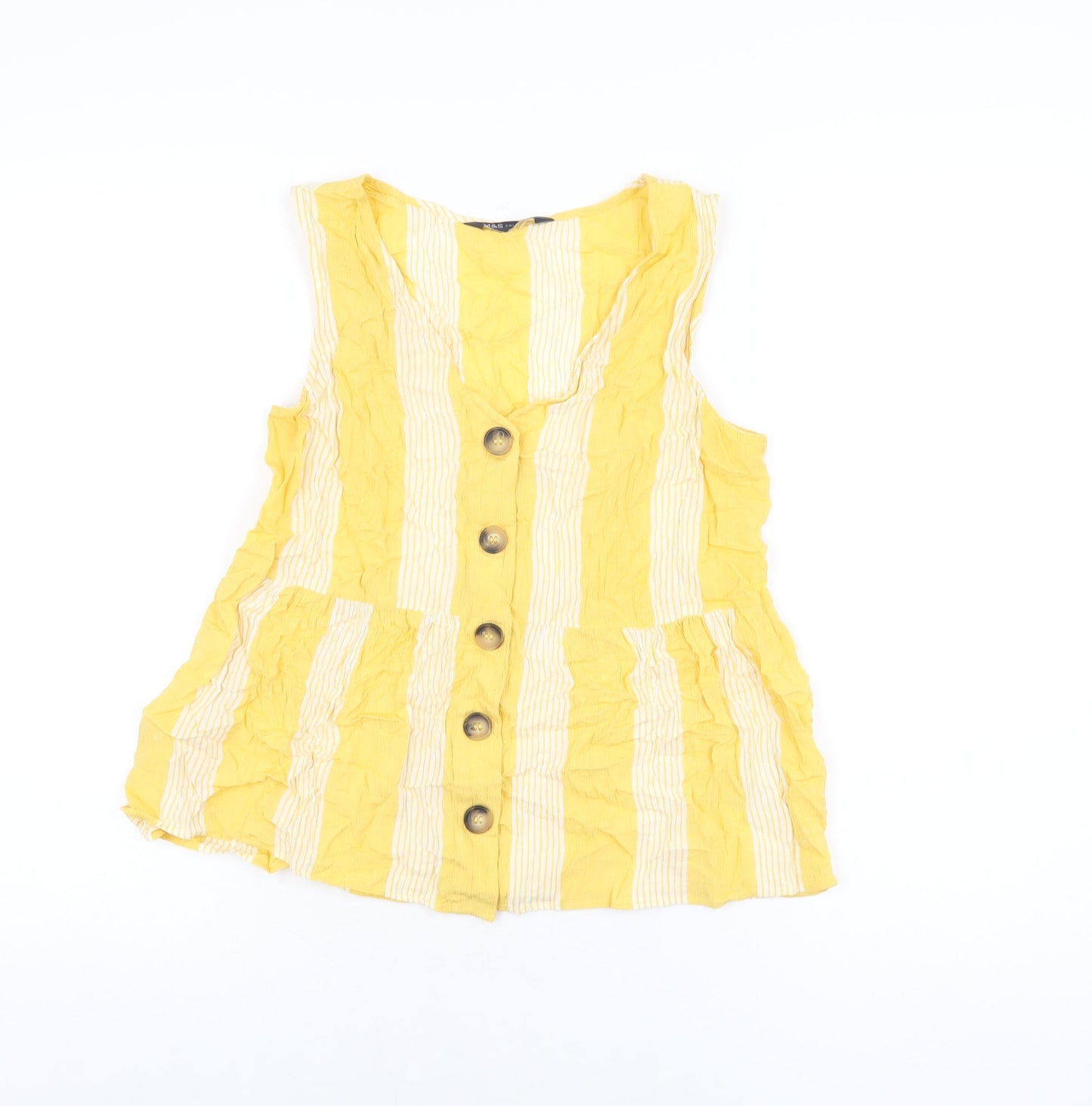 Marks and Spencer Womens Yellow Striped Viscose Basic T-Shirt Size 10 V-Neck