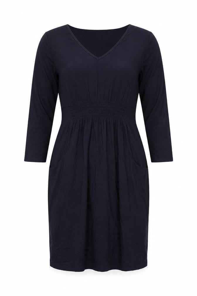 Front view of Kaliko women’s blue viscose bodycon, size UK 14, v-neck pullover