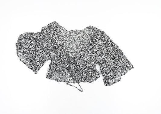 Pull&Bear Womens Black Floral Viscose Cropped T-Shirt Size XS V-Neck