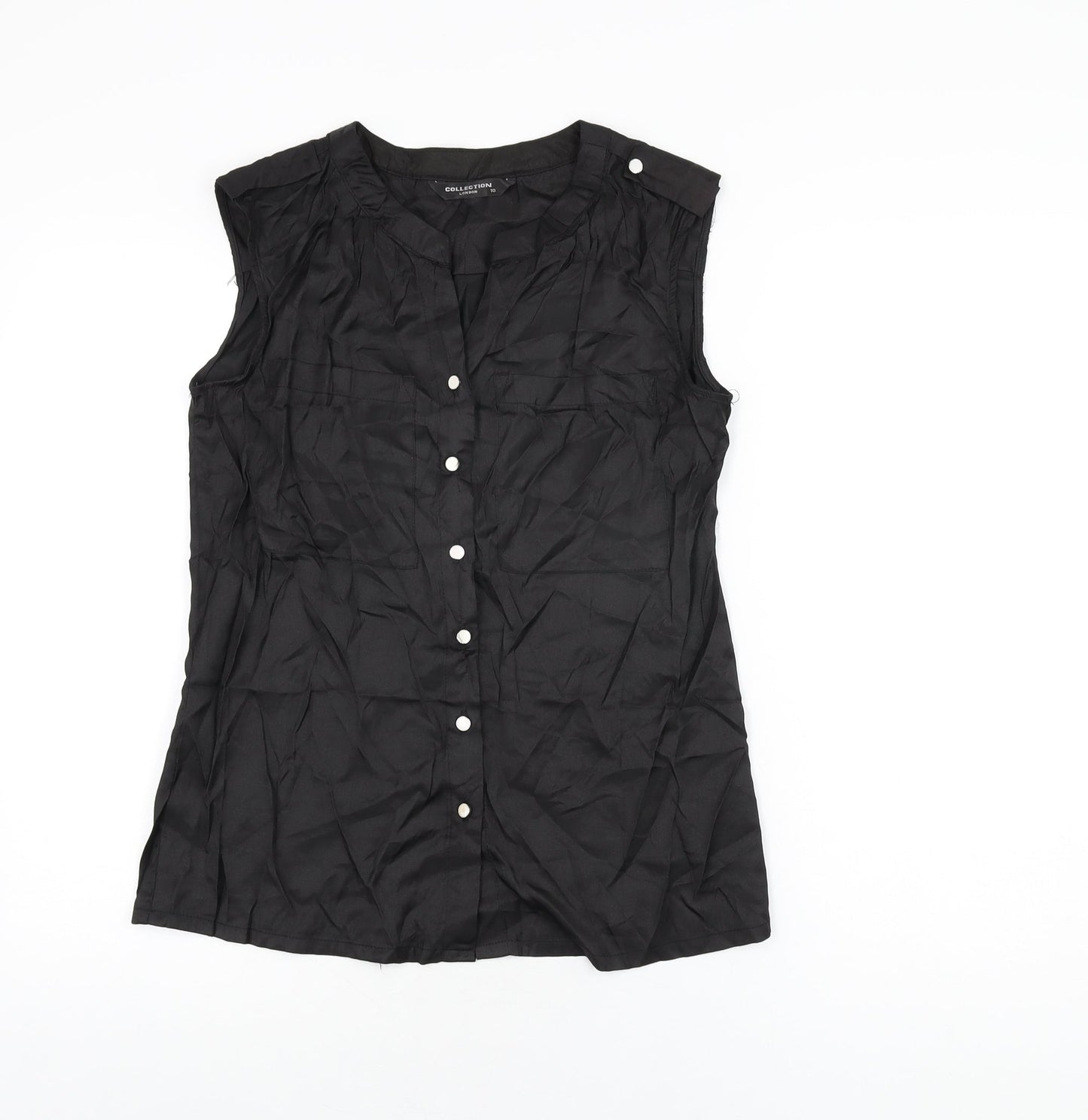 Collection London Womens Black Cotton Basic Button-Up Size 10 V-Neck
