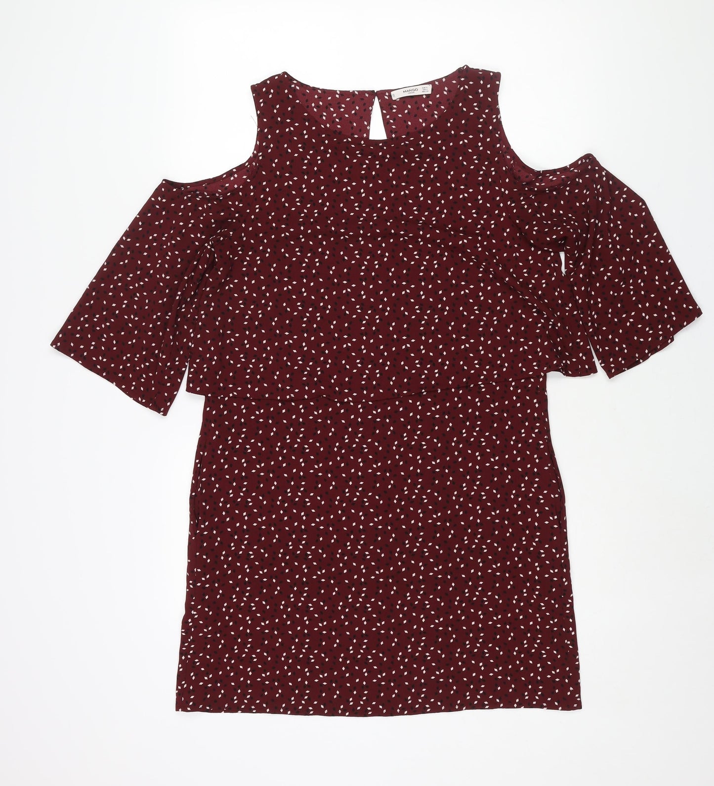 Mango Womens Red Geometric Polyester Shift Size M Round Neck Button - Cold Shoulder
