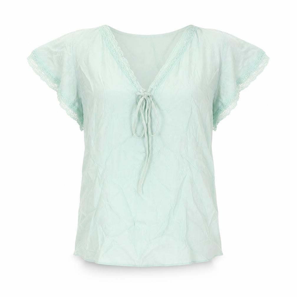 Marks and Spencer Womens Green Viscose Basic Blouse Size 8 V-Neck - Lace Trim