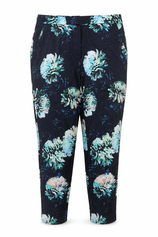 River Island Womens Blue Floral Cotton Trousers Size 12 L28 in Regular Hook & Eye