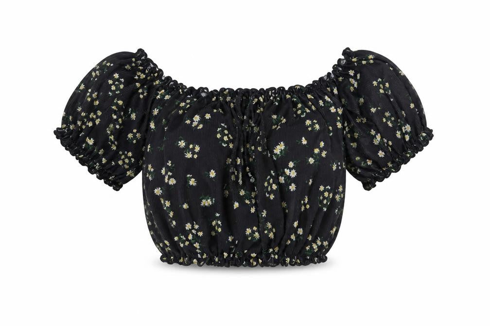 New Look Womens Black Floral Polyester Cropped T-Shirt Size 10 Boat Neck