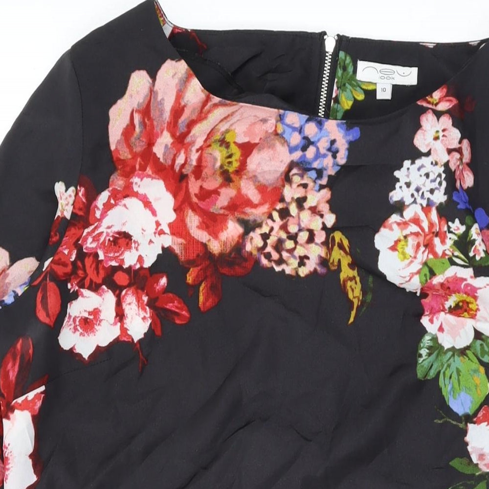 New Look Womens Black Floral Polyester A-Line Size 10 Boat Neck Zip