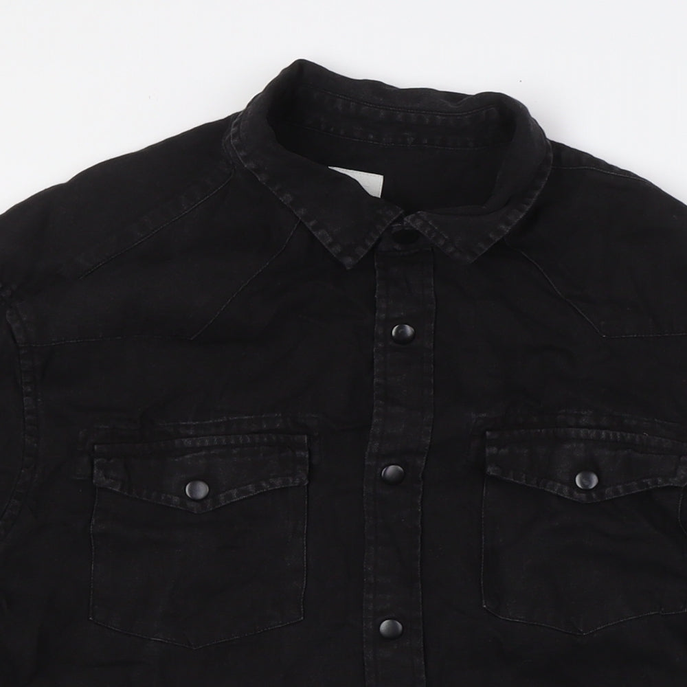 River Island Mens Black Cotton Button-Up Size M Collared Snap
