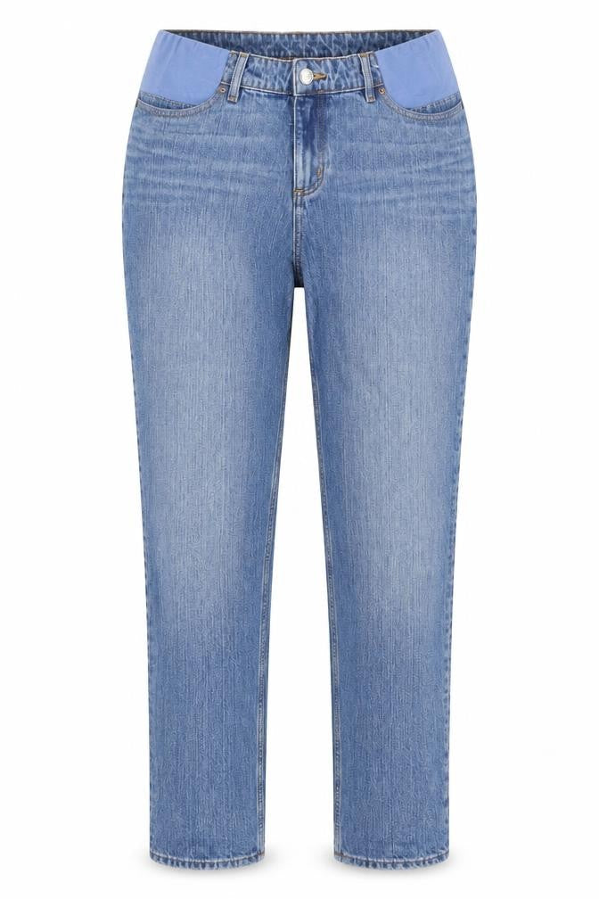 Front view of ASOS women’s blue cotton mom jeans, size UK 10, 32-inch leg regular snap