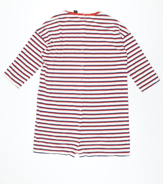 Monki Womens White Striped Cotton T-Shirt Dress Size S Round Neck Snap