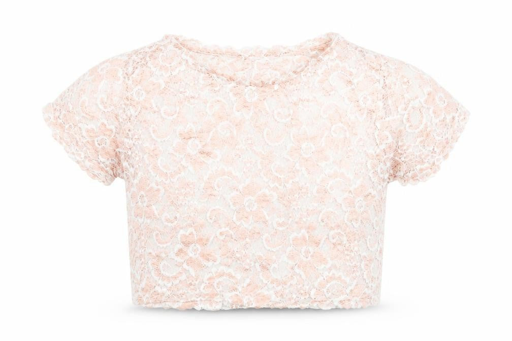 Front view of Candy Couture girls’ pink floral polyester cropped t-shirt, size 15, years round neck pullover