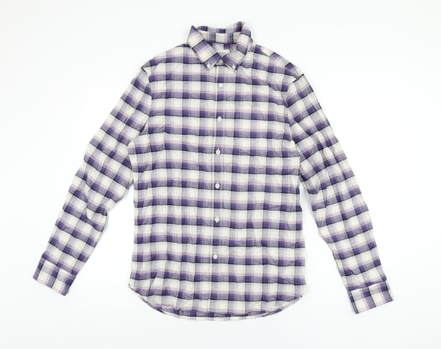Marks and Spencer Mens Purple Plaid Cotton Button-Up Size S Collared Button