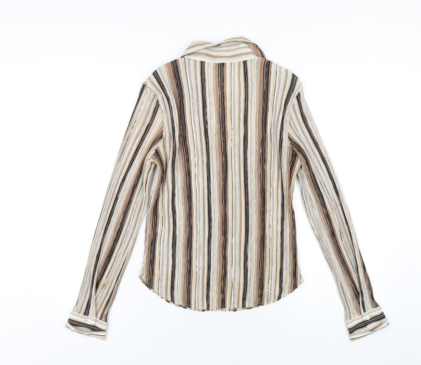 Marks and Spencer Womens Brown Striped Polyester Basic Button-Up Size 14 Collared