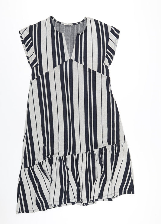 Zara Womens Grey Striped Polyester A-Line Size M V-Neck Pullover