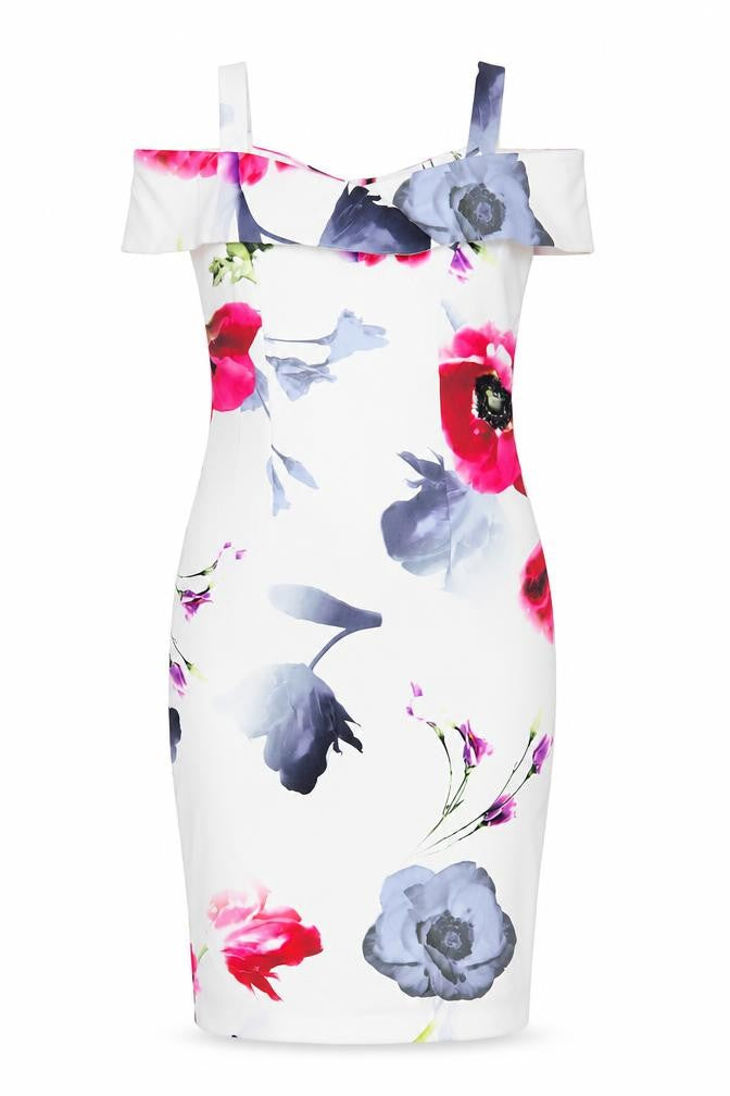 Front view of Roman women’s multicoloured floral polyester bodycon, size UK 10, square neck zip