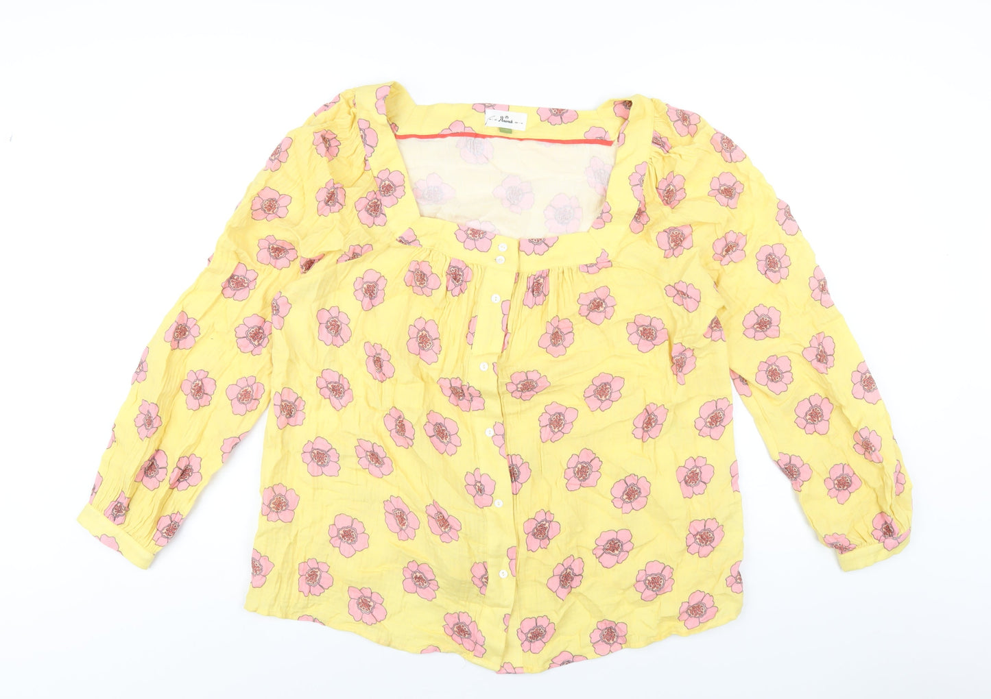 Anorak Womens Yellow Floral Cotton Basic Button-Up Size 16 Square Neck