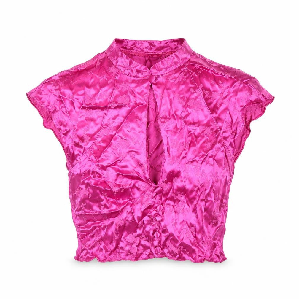 ASOS Womens Pink Floral Polyester Cropped Blouse Size 6 Mock Neck - Keyhole Neck Button Detail