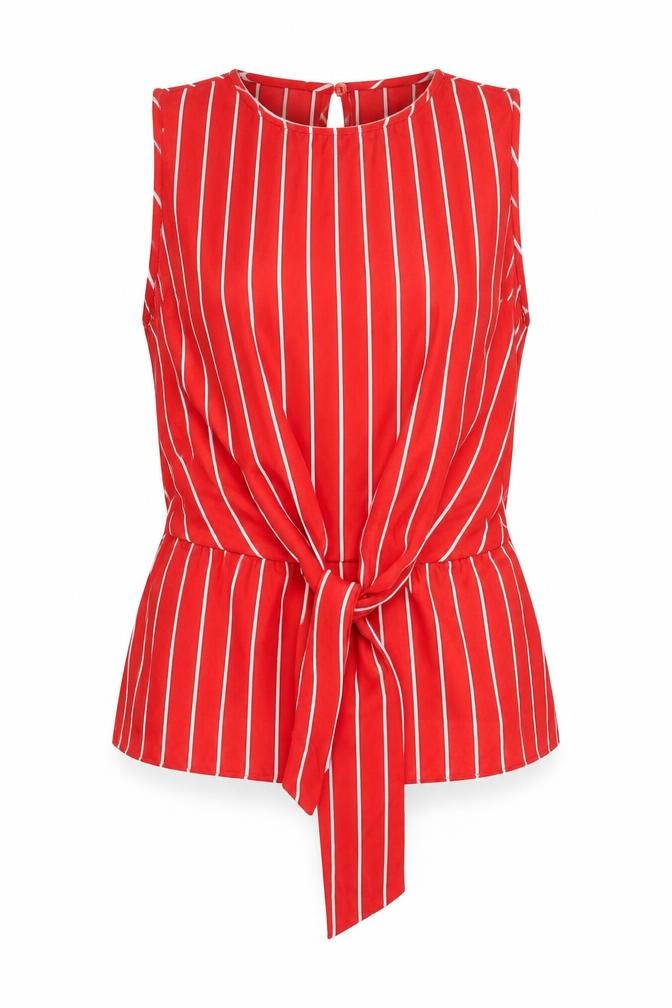 Front view of Miss Selfridge women’s red striped polyester camisole blouse, size UK 8, round neck - tie detail peplum