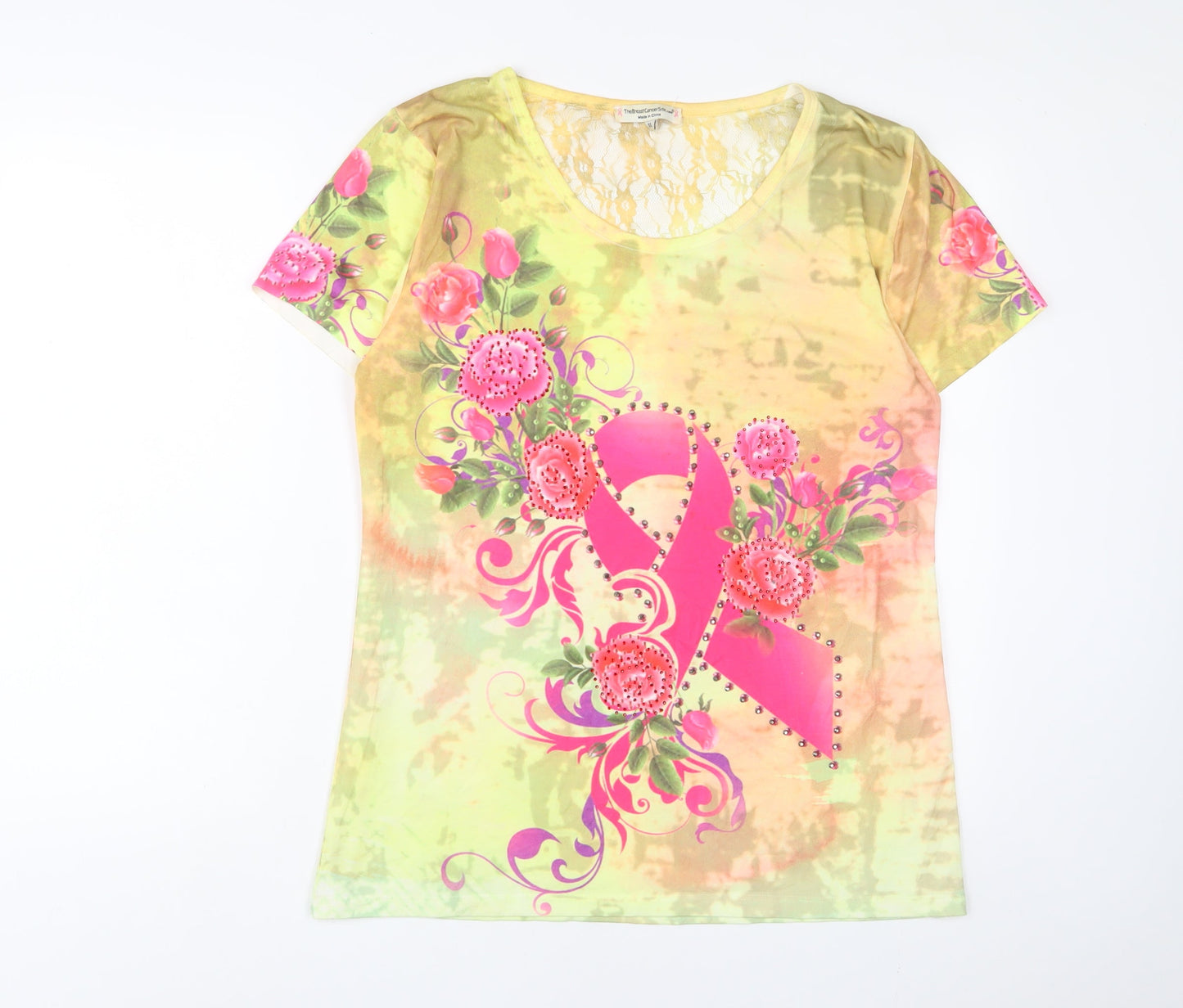 The Breast Cancer Site Womens Multicoloured Geometric Polyester Basic T-Shirt Size XL Crew Neck - studde