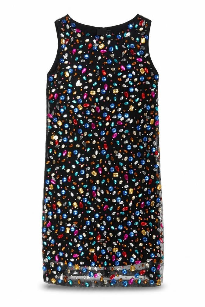 Front view of ASOS women’s black polyester a-line, size UK 10, boat neck zip - jewels