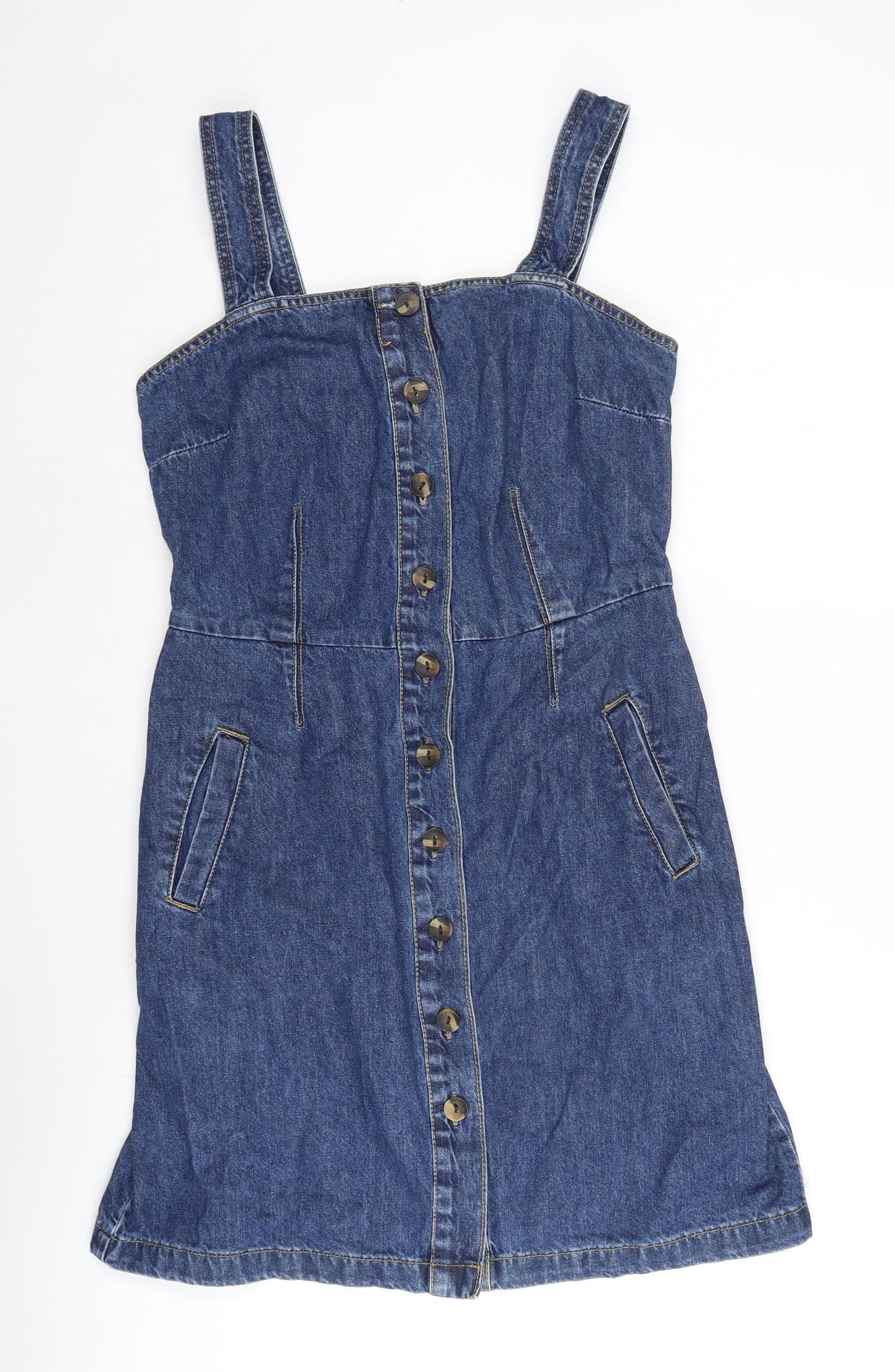 Dorothy Perkins Womens Blue Cotton Shift Size 10 Square Neck Button