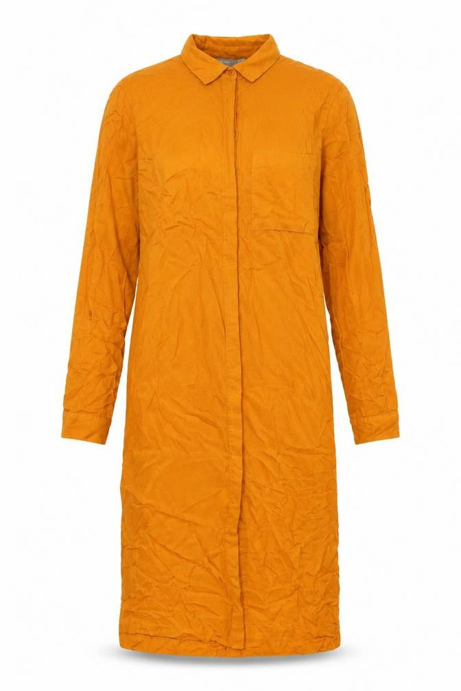Front view of ASOS women’s gold viscose shirt dress, size UK 8, collared button - pockets