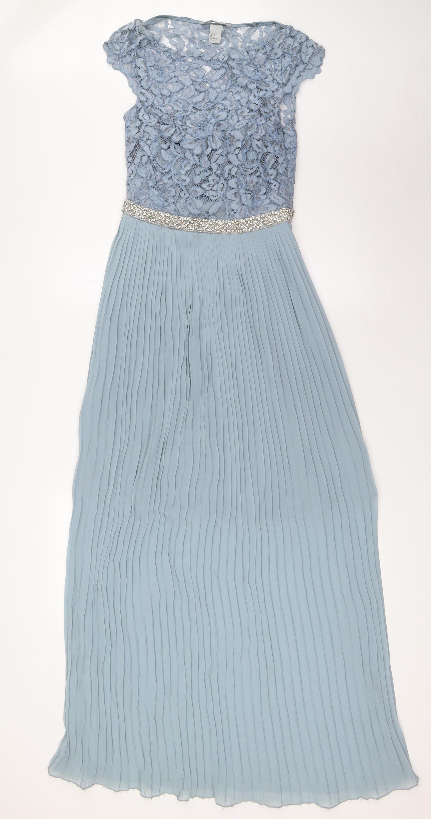 H&M Womens Blue Polyester A-Line Size 6 Boat Neck Zip - Pleated