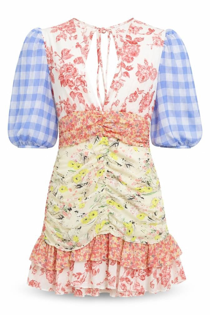 Front view of ASOS women’s multicoloured floral polyester mini, size UK 16, v-neck zip