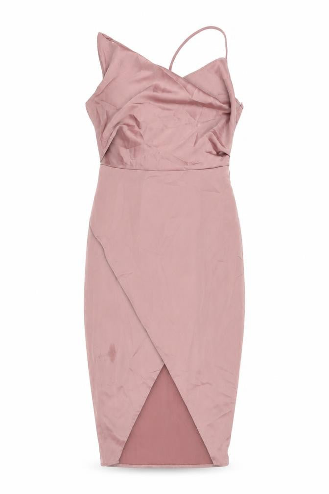 Front view of Missguided women’s pink polyester bodycon, size UK 10, cowl neck zip