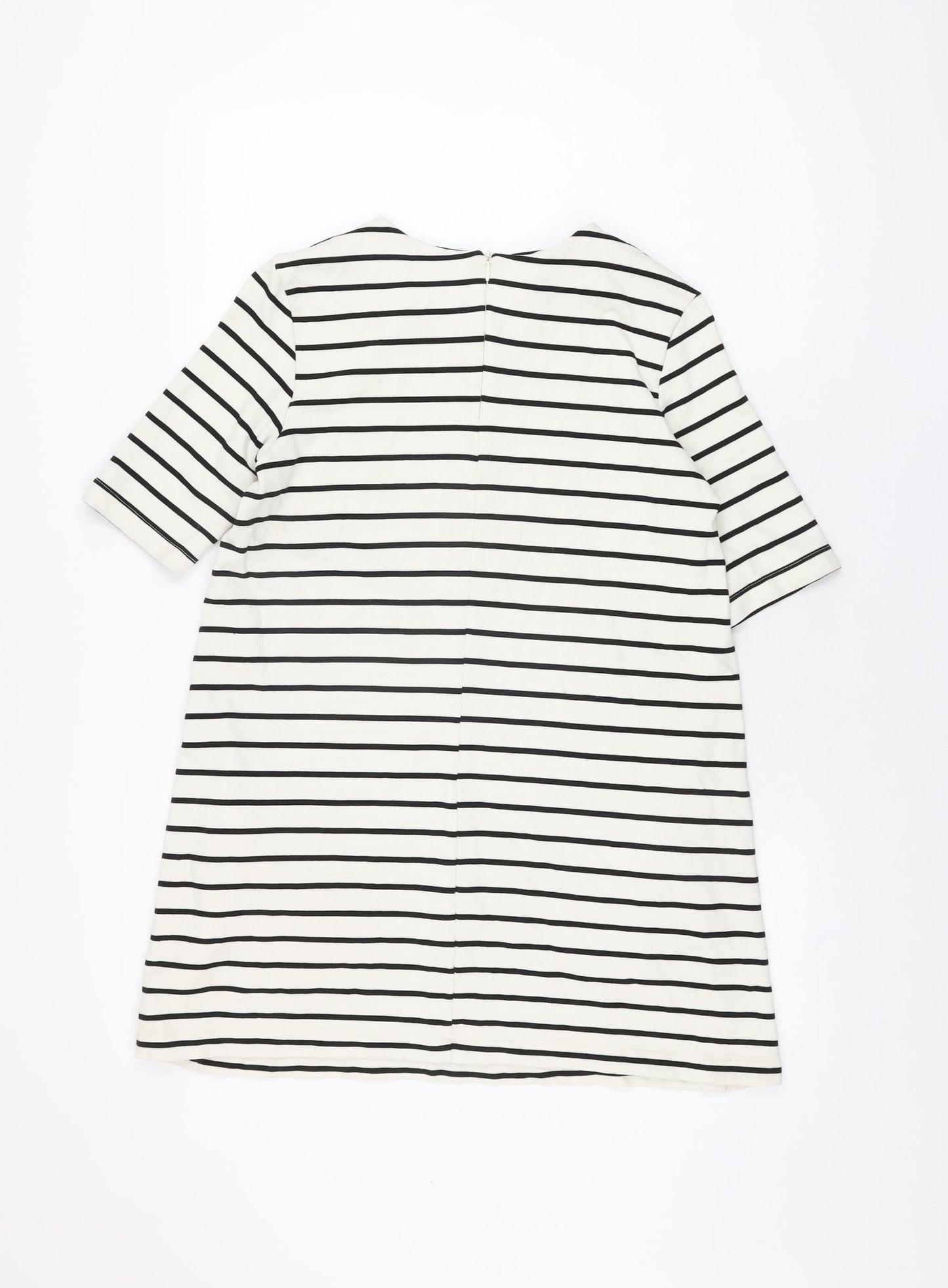 H&M Womens White Striped Viscose Shift Size S Round Neck Zip