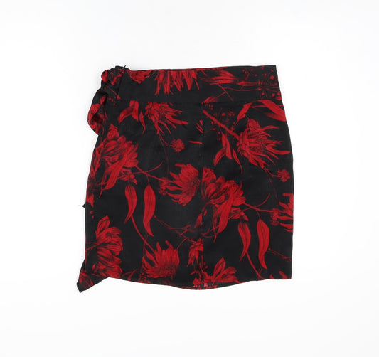 Zara Womens Black Floral Polyester A-Line Skirt Size S Zip