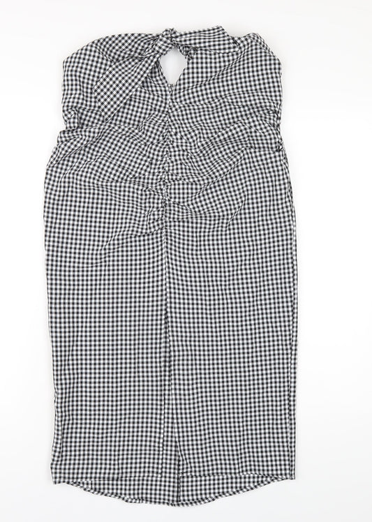 Mango Womens Black Check Polyester Bodycon Size M Square Neck Zip