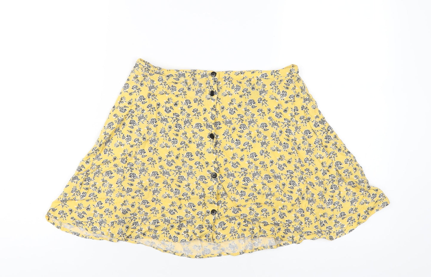 H&M Womens Yellow Floral Viscose A-Line Skirt Size 8 Button