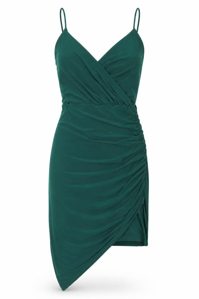 Front view of Missguided women’s green polyester bodycon, size UK 8, v-neck pullover